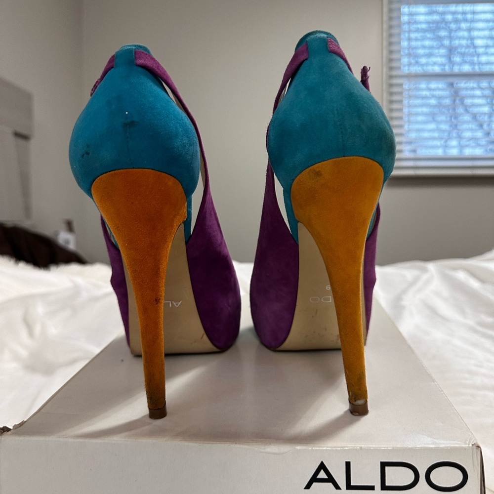 Aldo Teal and Purple High Heels with Orange Accents - Picture 4 of 6